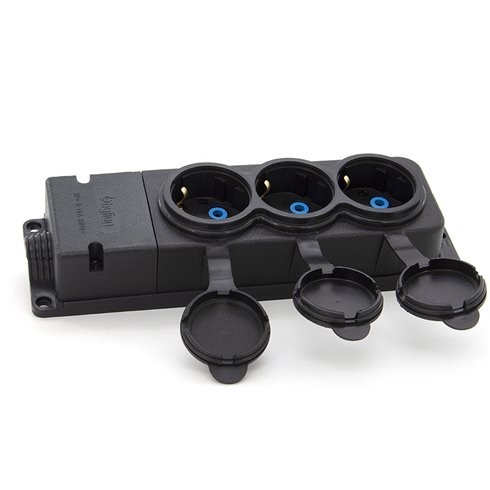 Listwa, gniazdo gumowe (TPE) potrójne schuko IP44  3x16A 2P+Z, kolor czarny, TRG-3SCH