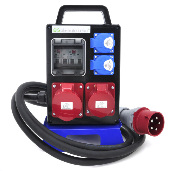 Rozdzielnica budowlana przenośna 32A/5 + 16A/5 + 4*GS 230V + zabezpieczenia + wtyczka 32A/5 + 2m kabel 5G4 , 4PO41C11C1W2MC